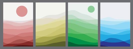 Set of colored mountains, translucent waves, abstract glass shapes, modern background, vector
