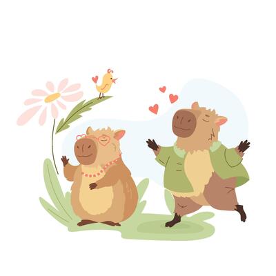 Composition of funny capybaras in love. Happy exotic animals, cute biggest rodents, different poses and emotions Valentines love day. Flat design elements for card, packaging, fabrics, flyers