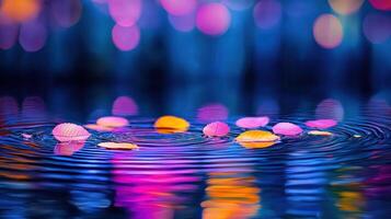 Serene Autumn Leaves Floating on Vibrant Water with Colorful Bokeh Background photo