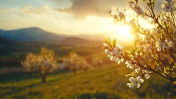 Serene Sunset Landscape Blossoming Orchard Trees at Golden Hour photo