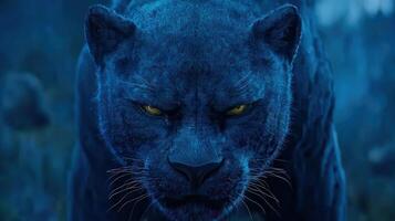 Majestic Black Panther Close Up Powerful Wild Cat in Dark Forest Setting photo