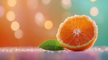 Juicy Orange Slice with Green Leaf Festive Bokeh Background Still Life Photography photo