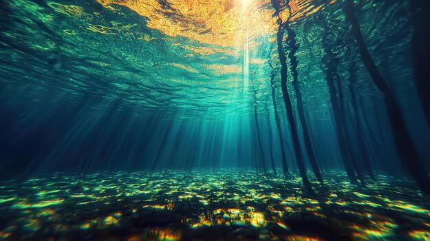 Underwater Sunbeams Illuminating Submerged Forest Mystical Aquatic Scene photo
