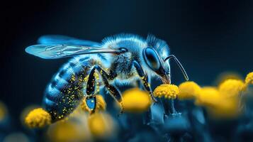 Macro Photography of Honeybee Collecting Pollen from Yellow Flower Close up View photo