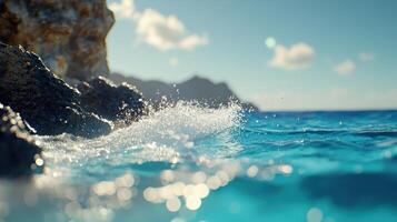 Crystal Clear Ocean Water Splashing Against Rocky Shore Summer Seascape photo