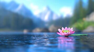 Serene Pink Water Lily Floating on Calm Lake with Mountain Background photo