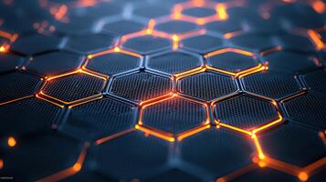 Abstract Hexagonal Grid Pattern with Glowing Orange Lines Dark Tech Background photo