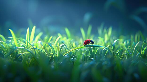 Ladybug on a Blade of Grass in Lush Green Spring Meadow photo