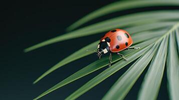 Close up of Ladybug on Lush Green Palm Leaf Nature Macro Photography photo