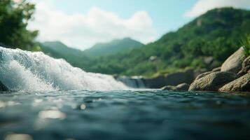 Serene Waterfall Scene Cascading Water Lush Greenery Mountain Landscape photo