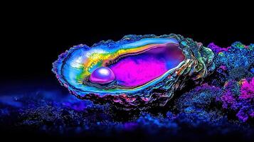 Vibrant iridescent oyster shell with pearl abstract underwater scene fantasy art photo