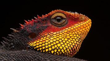 Vibrant Red Orange and Black Lizard Close up Detailed Reptile Texture and Scales photo