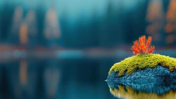 Serene Autumn Landscape Mossy Rock with Vibrant Red Plant in Still Water photo