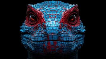 Close up Portrait of a Blue and Red Lizard Reptile Fantasy Creature Digital Art photo