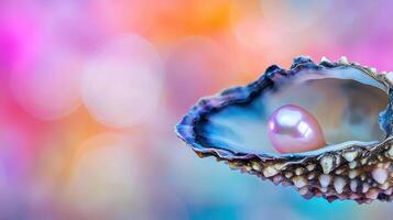 Vibrant Pink Pearl in Oyster Shell Pastel Background Macro Shot photo