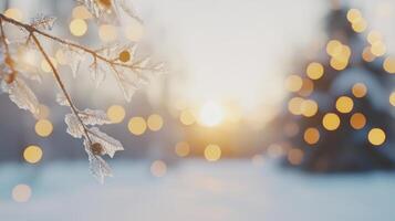 Frosty Winter Branch with Bokeh Lights Sunlit Snow Scene Festive Holiday Background photo