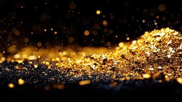 Sparkling Gold Glitter Texture Luxurious Golden Crystals and Shimmering Particles on Black photo