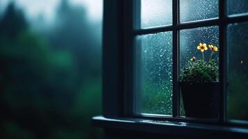 Rainy Day Window View Yellow Flowers in Pot Raindrops on Glass photo