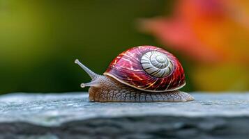 Stunning Close up of a Red and White Striped Snail Crawling on a Rock in a Garden photo