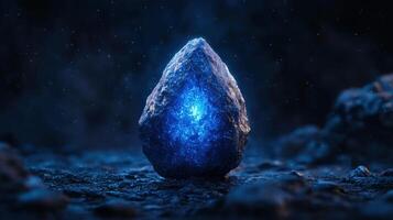 Glowing Blue Crystal Rock in Dark Night Scene Mystical Energy Fantasy Power photo