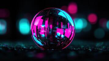 Vibrant Neon Pink and Cyan Sphere Reflecting Abstract Cityscape at Night photo