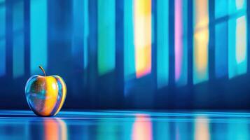 Vibrant Iridescent Apple on Reflective Surface with Colorful Light Streaks Background photo