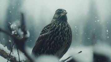 Spotted Bird Perched on Branch in Winter Snowfall Close up Wildlife Photography photo