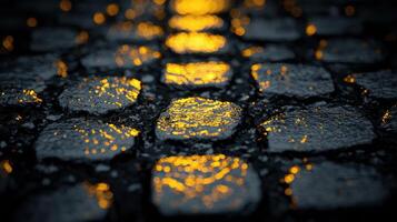 Glowing Cobblestone Path Dark Stone Pavement with Golden Lights Reflection photo