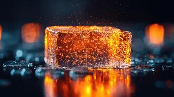 Illuminated Ice Cube Glowing Amber Crystal in Dark Setting with Water Droplets photo