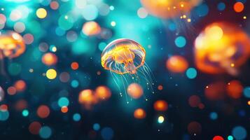 Luminous Jellyfish in Vibrant Ocean Scene with Bokeh Lights photo