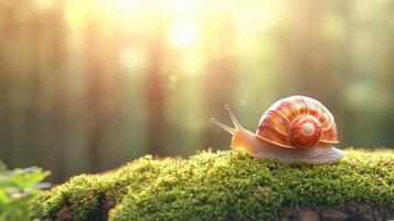 Snail Crawling on Moss in Sunlight Nature Macro Photography Forest Background photo
