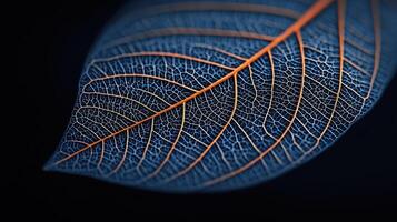 Intricate Leaf Vein Structure Close up Macro Photography of Delicate Blue and Orange Leaf photo