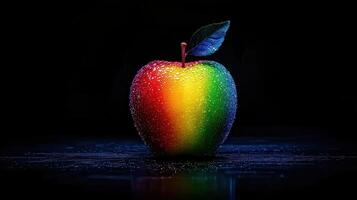 Vibrant Rainbow Apple with Water Droplets Dark Background Studio Shot photo