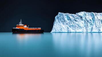 Majestic Iceberg and Orange Cargo Ship in Calm Arctic Ocean Waters photo