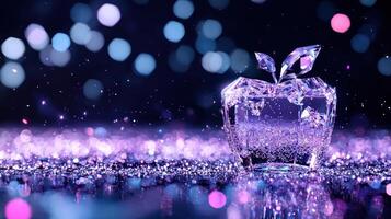 Sparkling Crystal Apple on Glitter Background Purple and Blue Bokeh Lights Luxury Festive Design photo