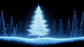 Glowing Blue Christmas Tree in a Snowy Forest at Night Winter Wonderland Scene photo