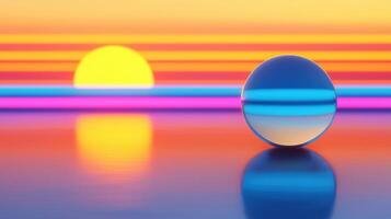 Vibrant Sunset Scene with Reflective Sphere 80s Retro Aesthetic Colorful Gradient Background photo