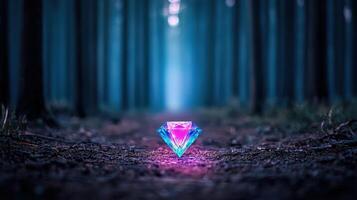 Glowing Gemstone on Forest Path Mystical Fantasy Jewel in Dark Woods photo