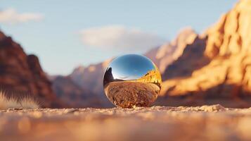 Reflective Sphere Capturing Desert Landscape at Sunset Wadi Rum Jordan photo