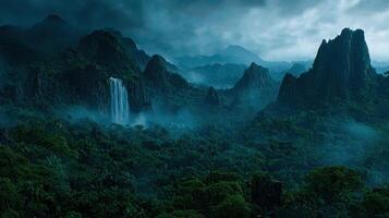 Lush Tropical Rainforest Landscape with Waterfall Misty Mountains and Dense Vegetation photo