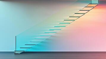 Modern Glass Staircase Design Teal and Pink Gradient Wall Interior Architecture photo
