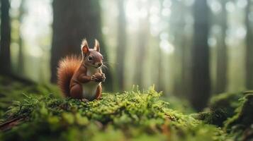 Adorable Red Squirrel Holding Nut in Mossy Forest Wildlife Photography photo