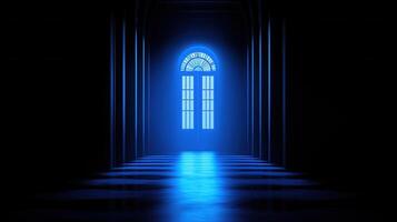 Mysterious Blue Lit Corridor with Archway Door Glowing Entrance Dark Hallway photo