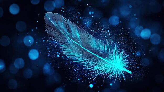 Glowing Blue Feather Abstract Background Image with Sparkling Bokeh Lights photo