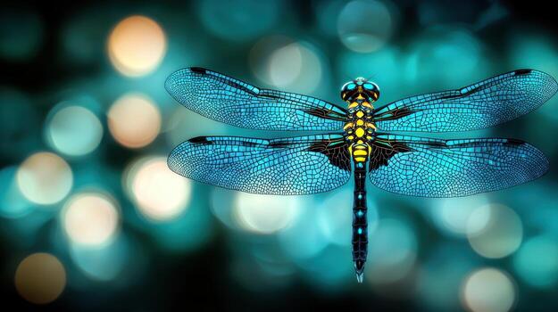 Vibrant Blue Dragonfly Close up with Teal Bokeh Background photo