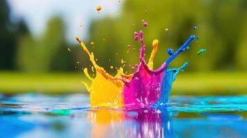 Vibrant CMYK Paint Splatter in Water Colorful Abstract Background photo
