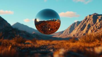 Reflective Sphere in Mountain Landscape Sunset Golden Grass Abstract Nature Scene photo