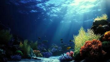 Vibrant Underwater Coral Reef Scene with Sunbeams and Tropical Fish photo