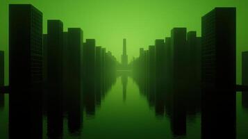 Futuristic Cityscape Green Foggy Metropolis Dark Buildings Reflecting in Water photo