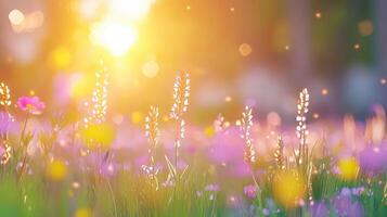Serene Sunset Meadow Vibrant Wildflowers in Golden Hour Light photo